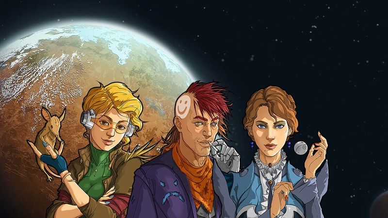 RimWorld artwork of three illustrated colonists standing in front of an orange planet in space, one holding a small animal