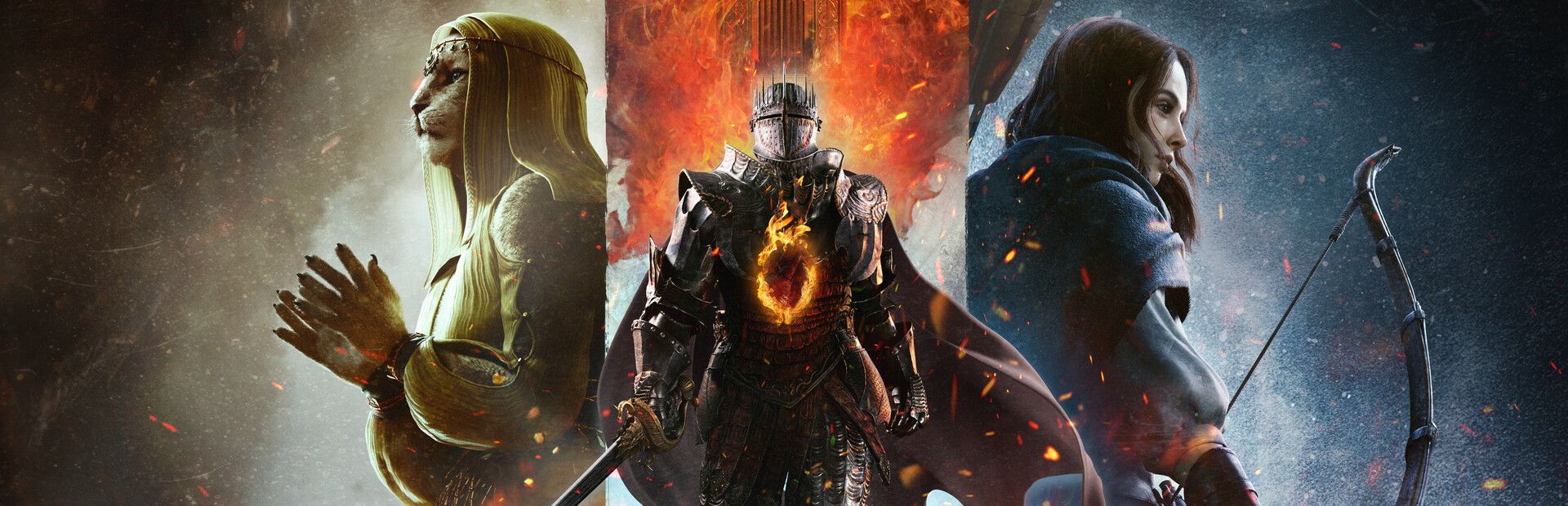 Dragon's Dogma 2 panoramic key art with a lion-faced Beastren, an armoured knight wreathed in fire and a hooded woman