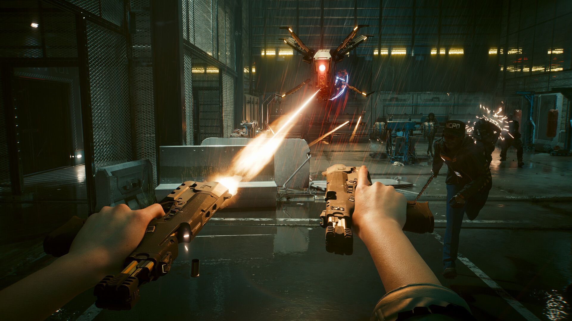 First-person view of V firing two pistols at once inside a warehouse while a drone hovers overhead in Cyberpunk 2077