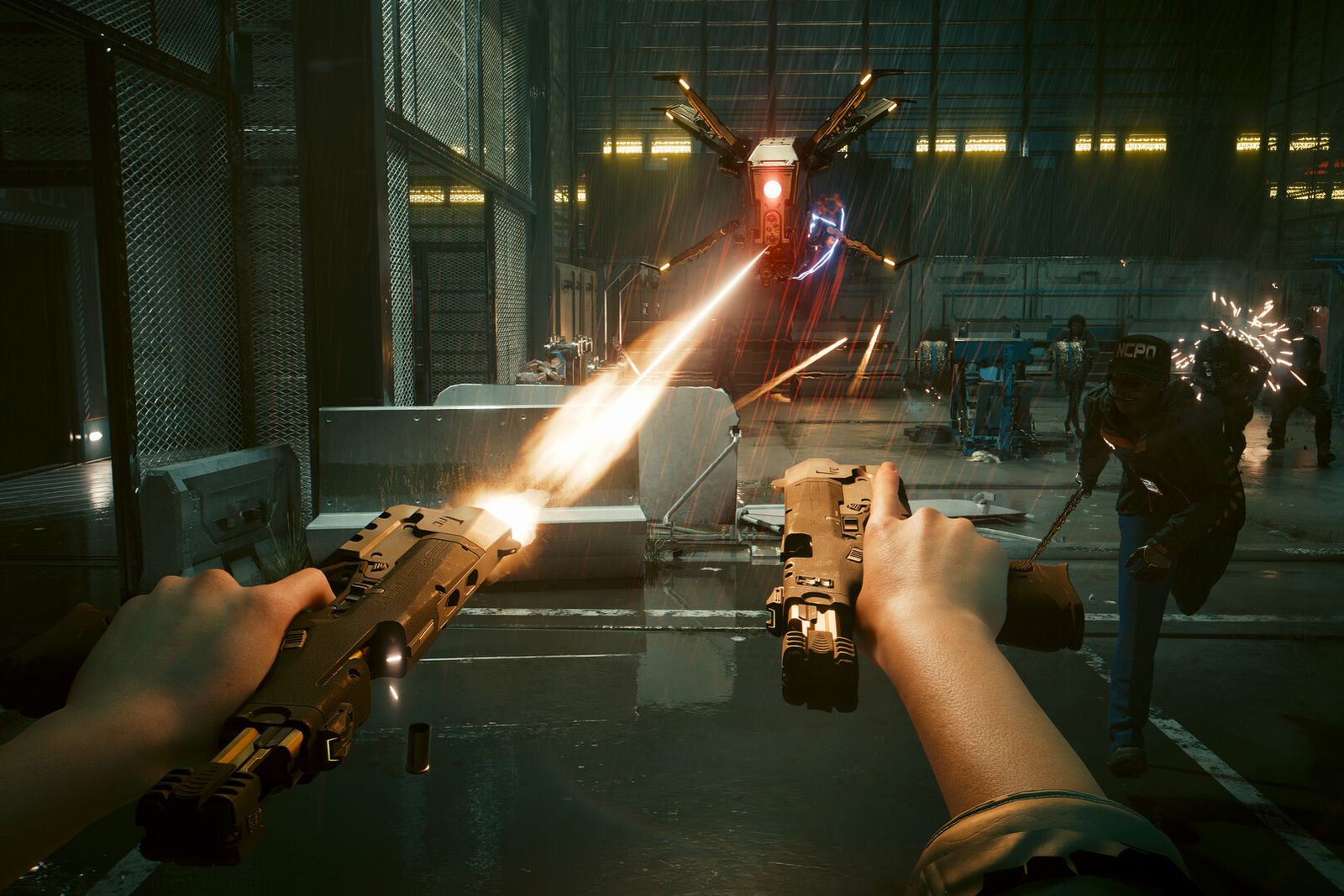 First-person view of V firing two pistols at once inside a warehouse while a drone hovers overhead in Cyberpunk 2077