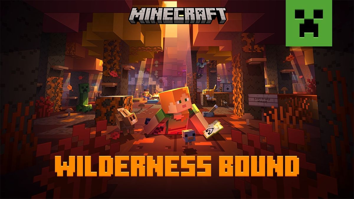 Wilderness Bound key art: Alex holding a map in an autumn forest of red and orange trees, with a creeper, a fox and a camp sign