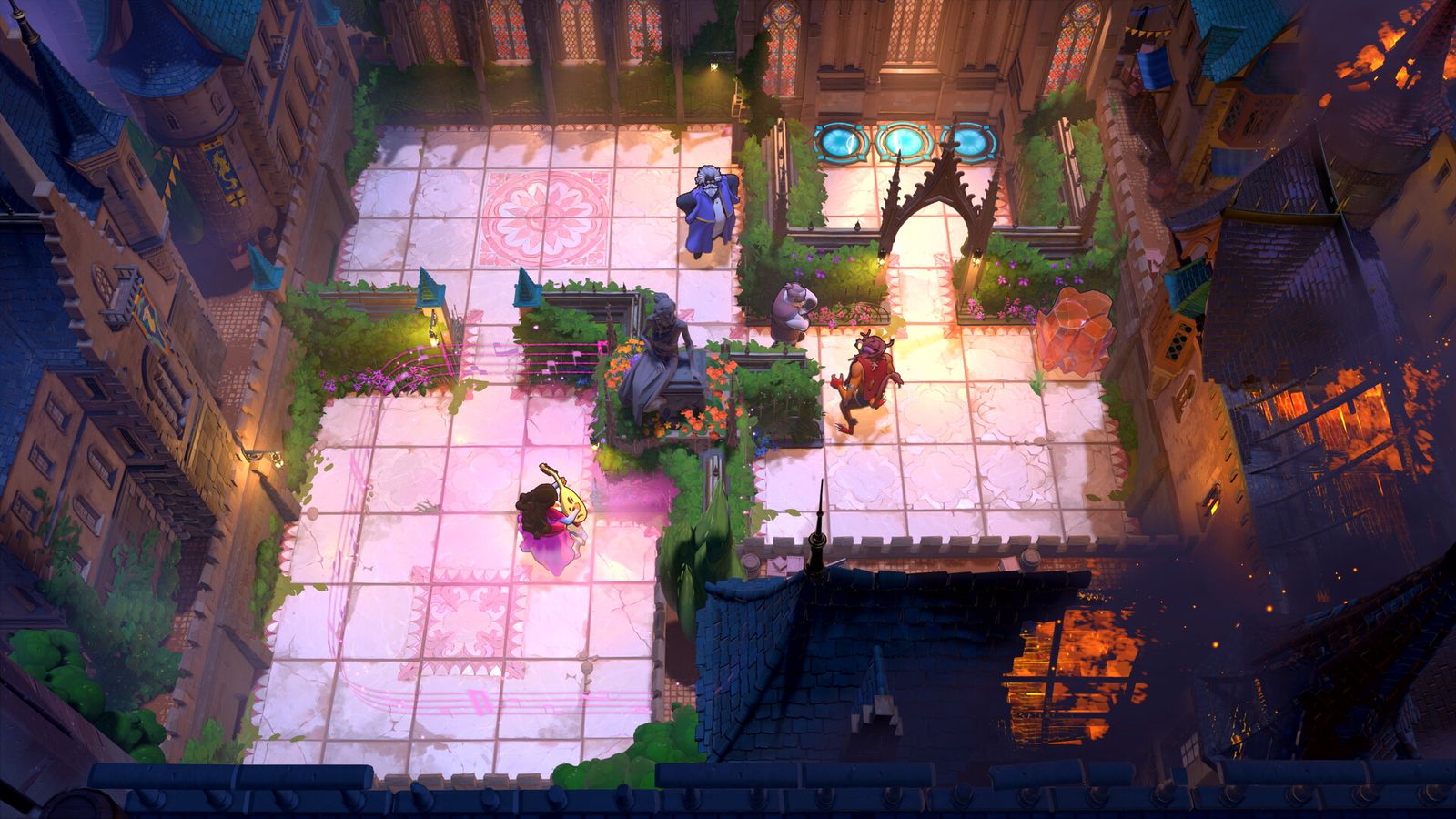 Top-down view of a pink-tiled courtyard in a gothic town at night, with several small characters and glowing blue portals