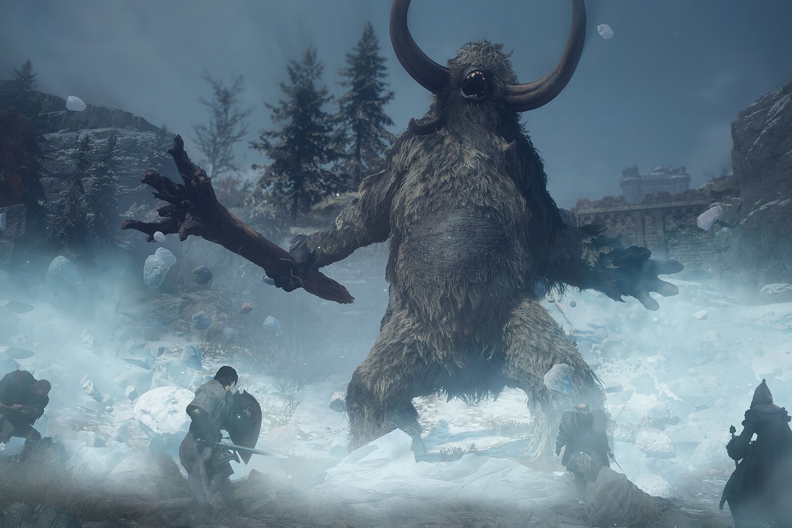 A huge horned, fur-covered giant swings at a party of four adventurers in a snowstorm beside a ruined fortress