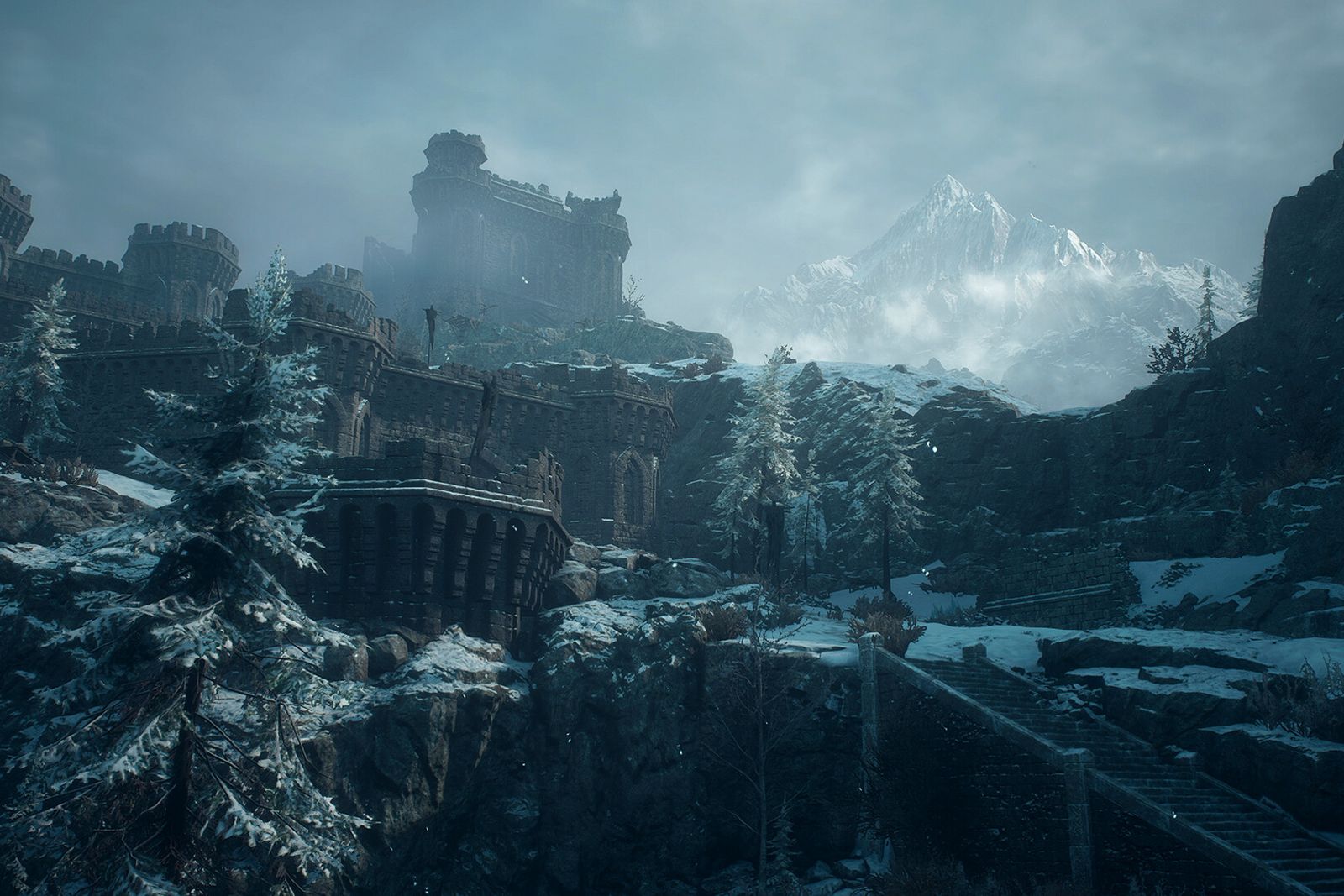 A snow-covered fortress on a cliff with a mountain peak behind it, in the Norgan region of Dragon's Dogma 2: Dark Arisen
