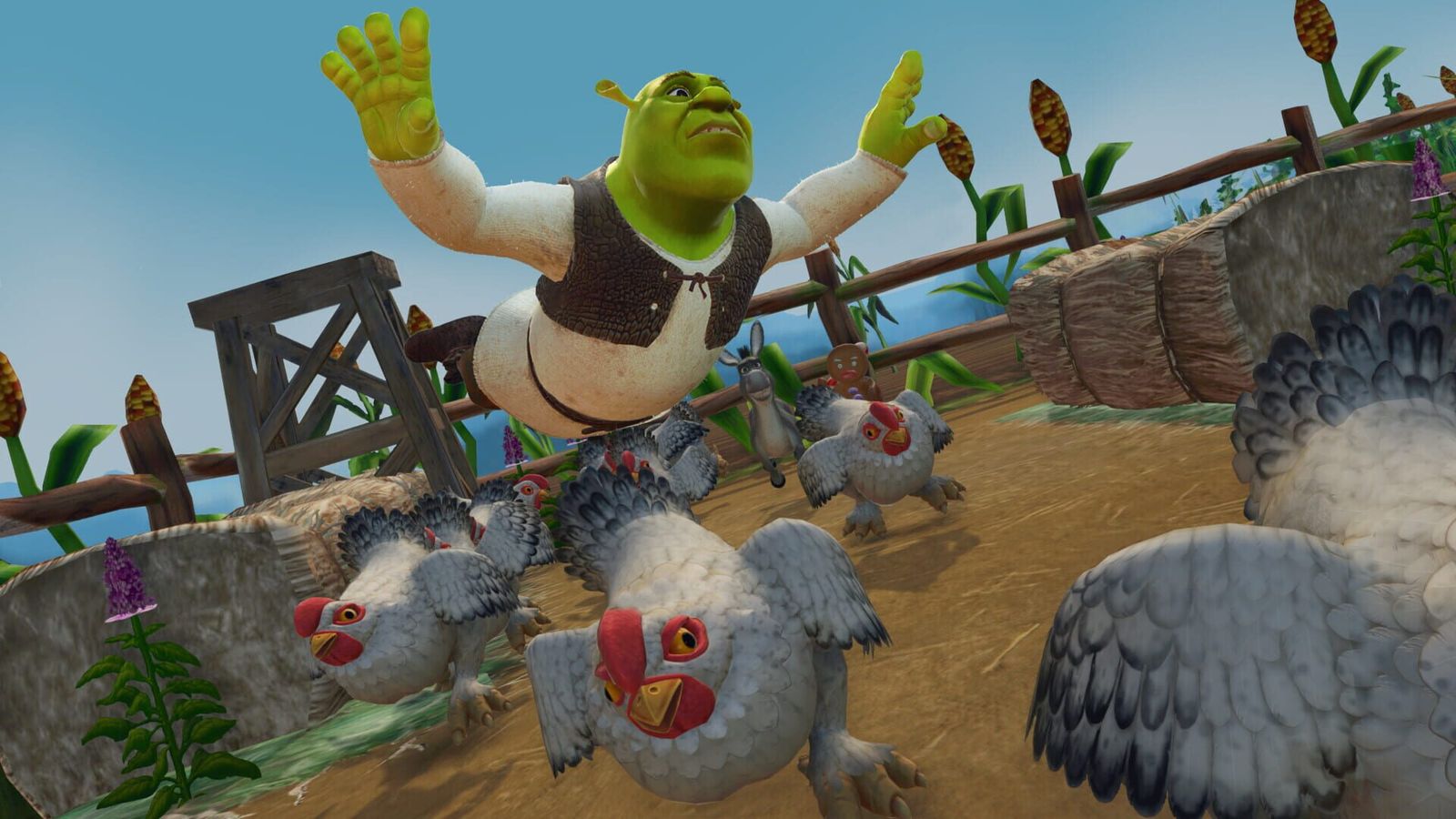 Shrek leaping over a farmyard fence while a flock of chickens scatters
