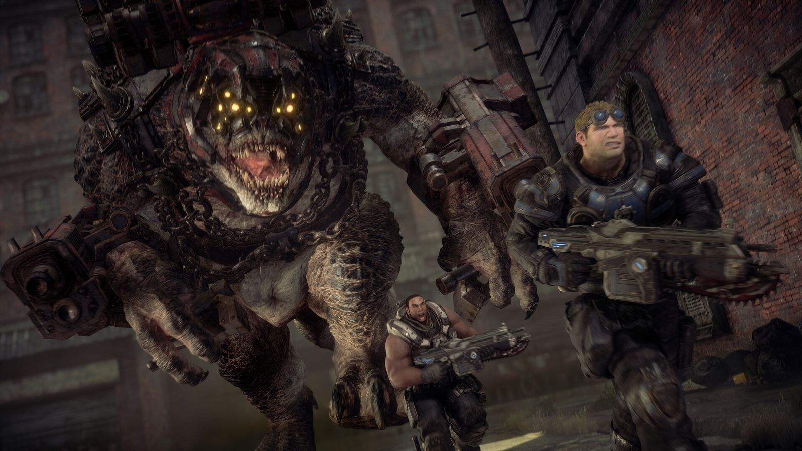 A huge eyeless creature charges at a group of armoured soldiers carrying rifles in a dark ruined building
