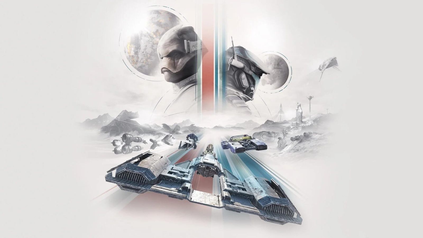 Key art of two helmeted racers above speeders racing across a pale desert