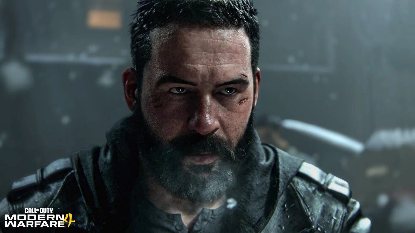 Close-up of a bearded Modern Warfare 4 soldier with a scarred face in the rain