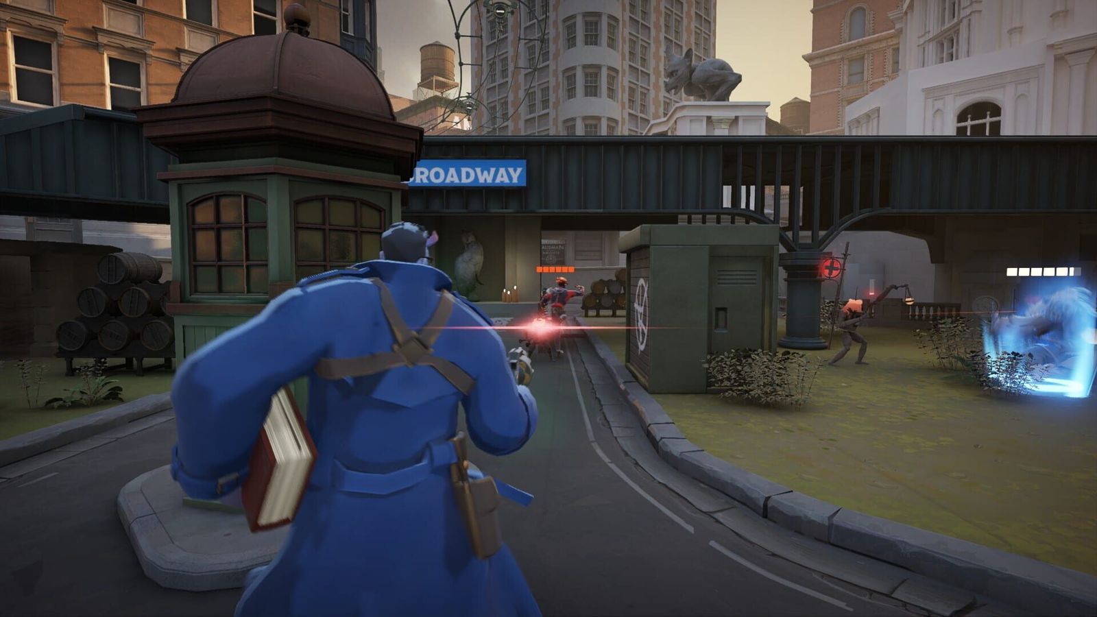 A player in a long blue coat runs down a city street towards an elevated railway sign reading Broadway in Deadlock.