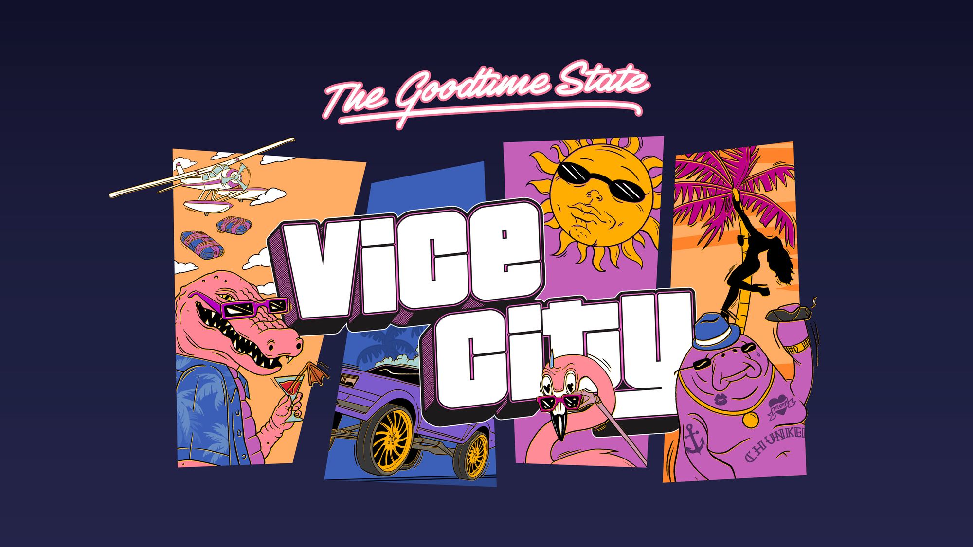 The Goodtime State Vice City logo over cartoon panels of an alligator, a lowrider car, a sun with sunglasses, a flamingo and a manatee