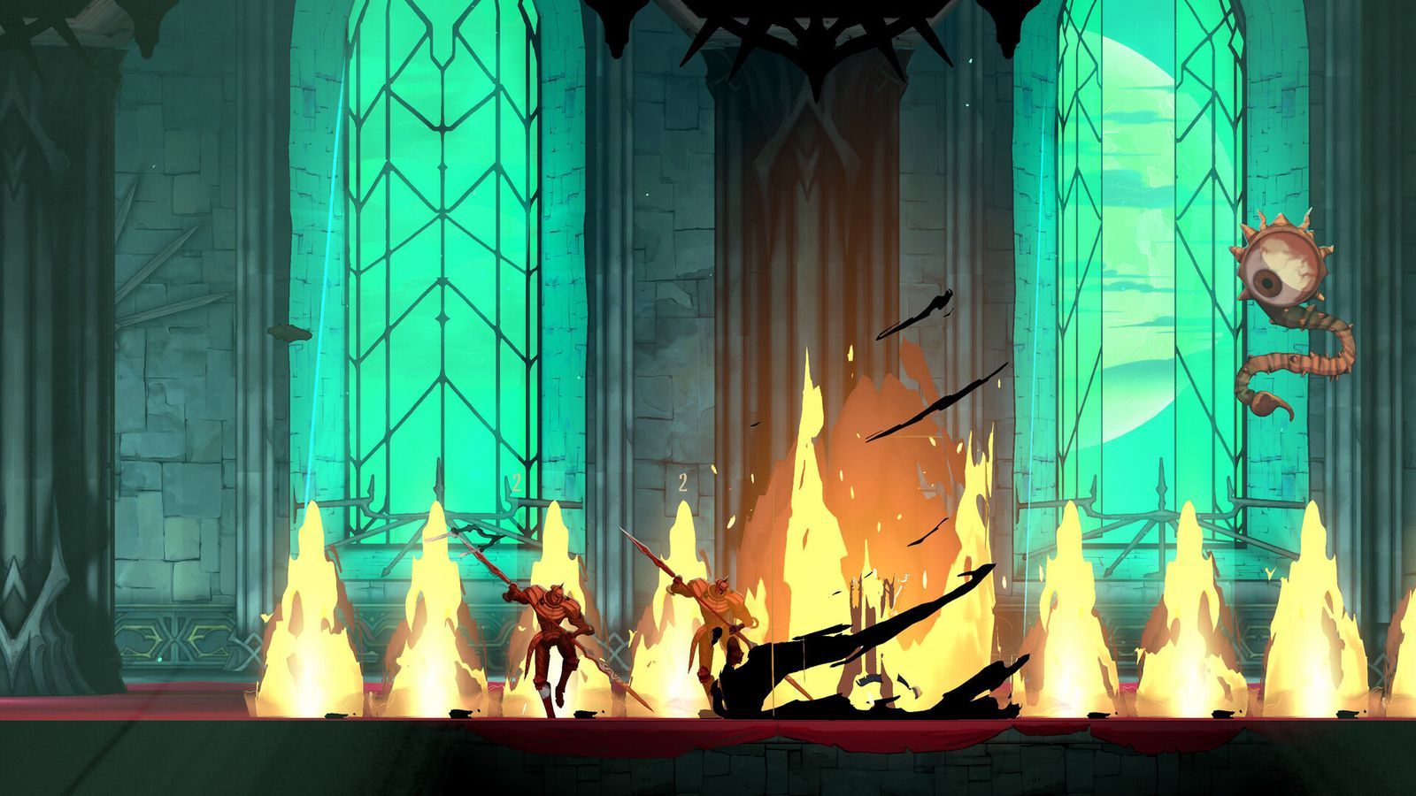 Silhouetted figures fight among tall flames in a hall with green stained-glass windows