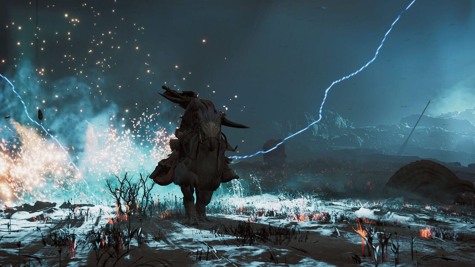 A hunter on a Seikret beneath a forked lightning bolt at night