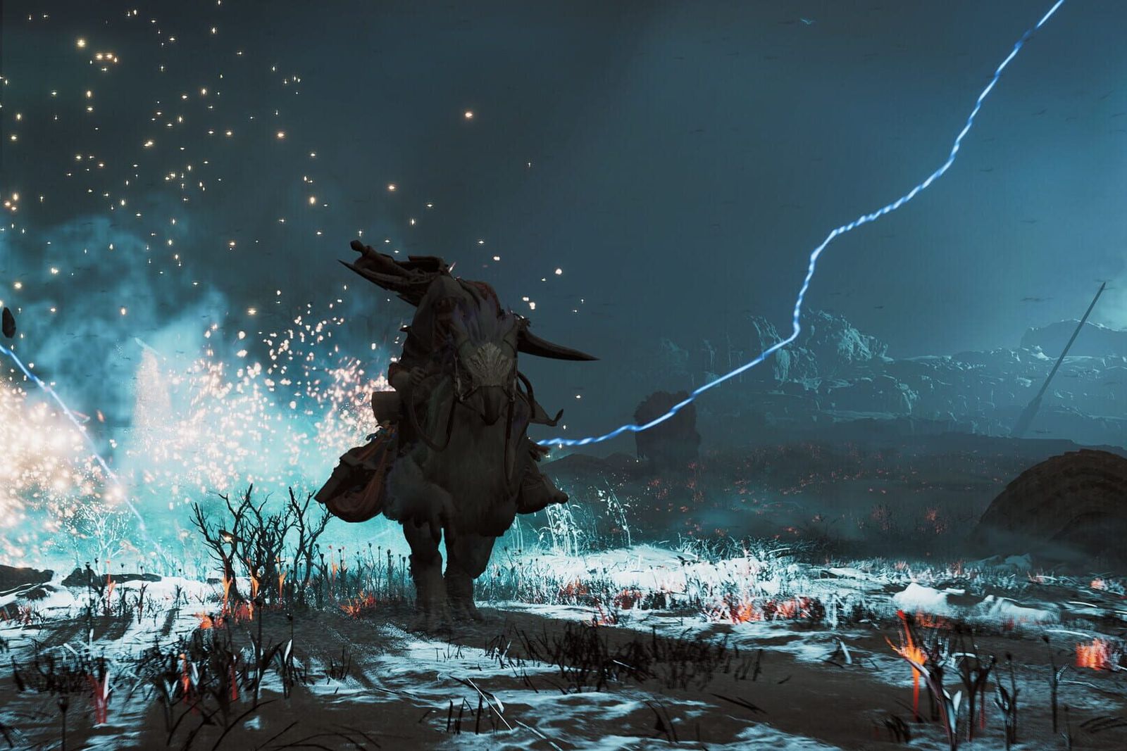 A hunter on a Seikret beneath a forked lightning bolt at night