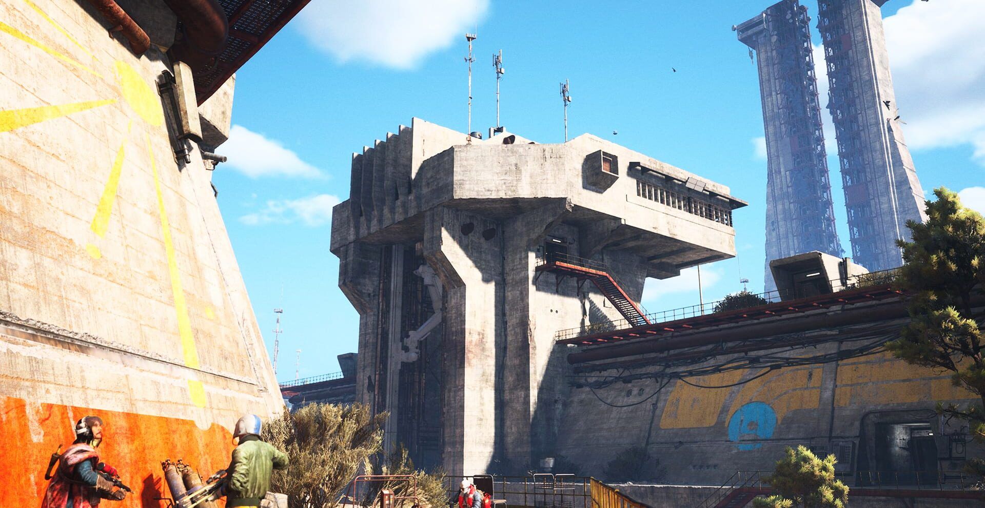 Two ARC Raiders characters with weapons stand at the foot of a weathered concrete tower under a blue sky