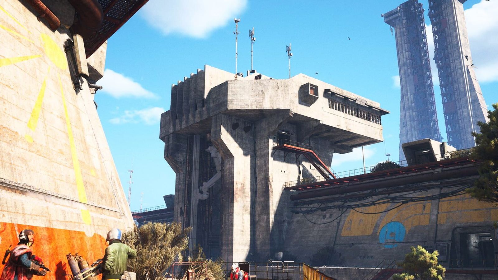 Two ARC Raiders characters with weapons stand at the foot of a weathered concrete tower under a blue sky
