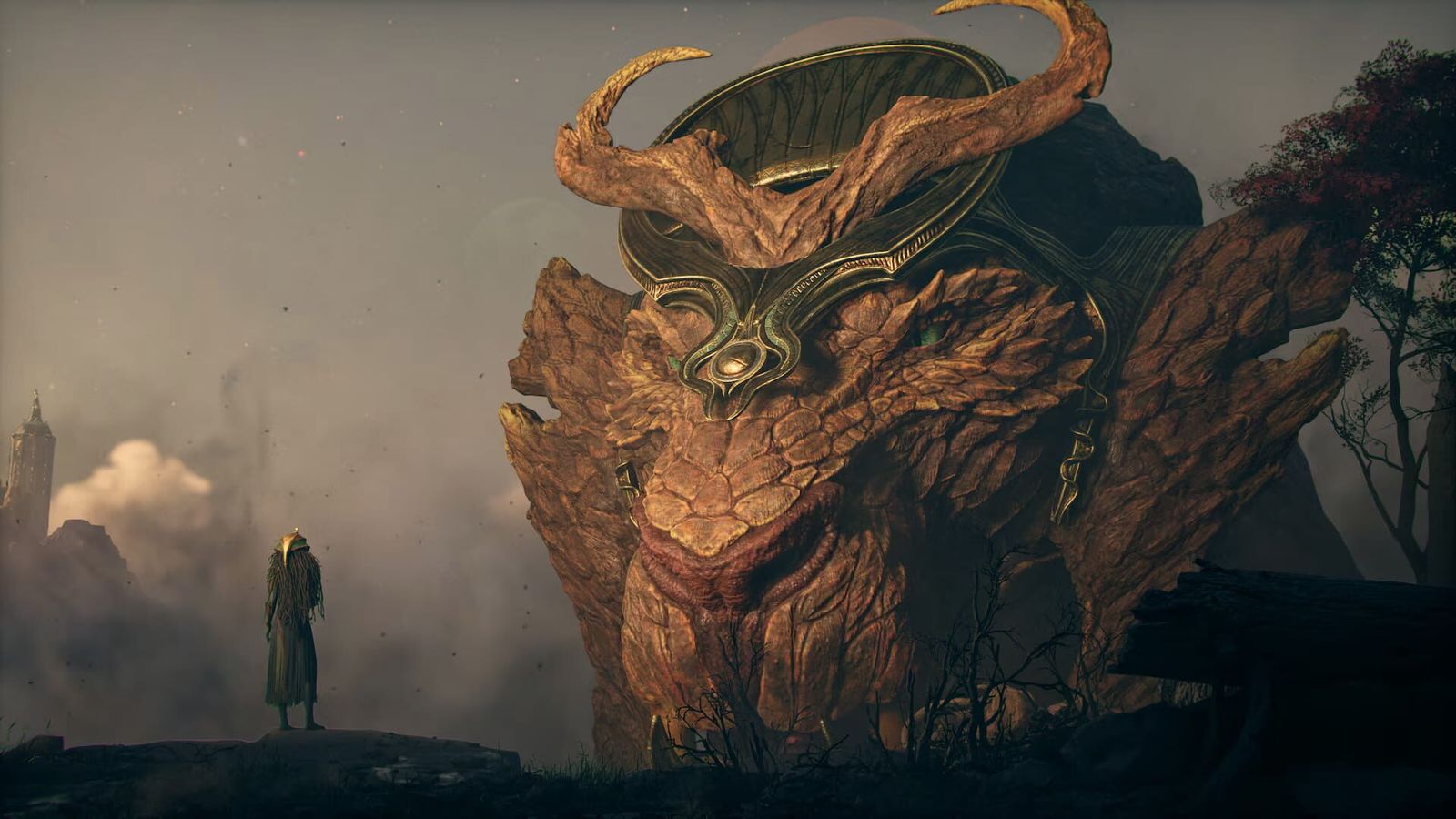 A small hooded figure stands on a ledge facing a giant horned creature in a misty landscape