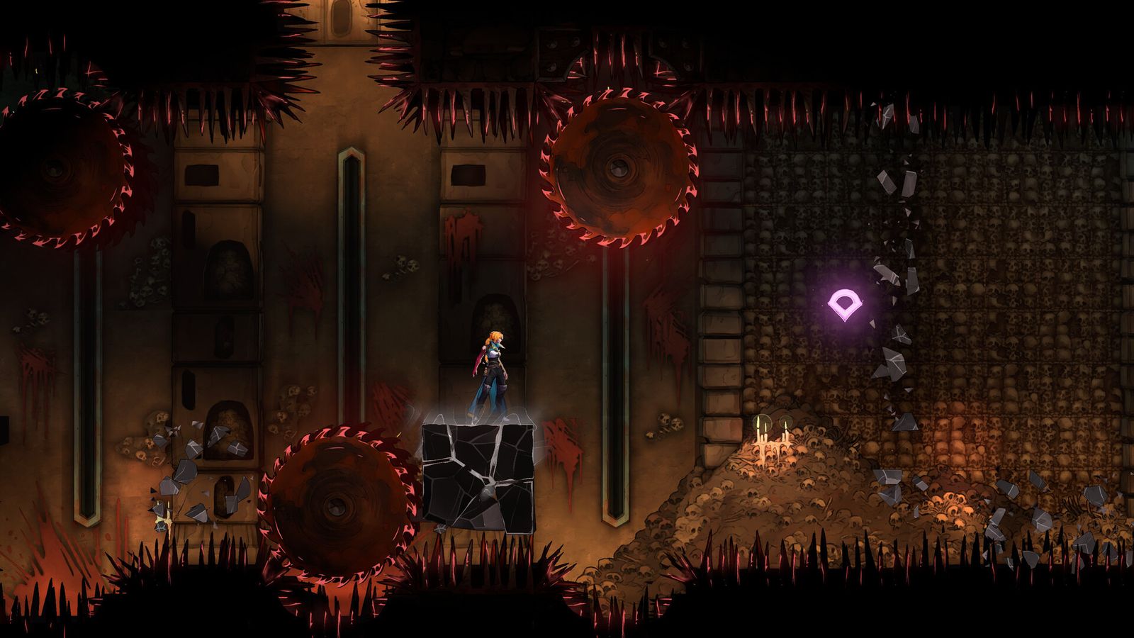 Rose stands on a stone block between two large spinning saw blades in a catacomb filled with skulls