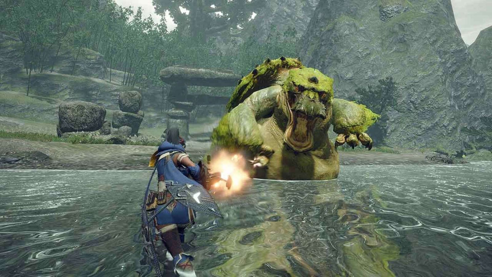 A hunter fighting a large monster in a Monster Hunter Rise screenshot