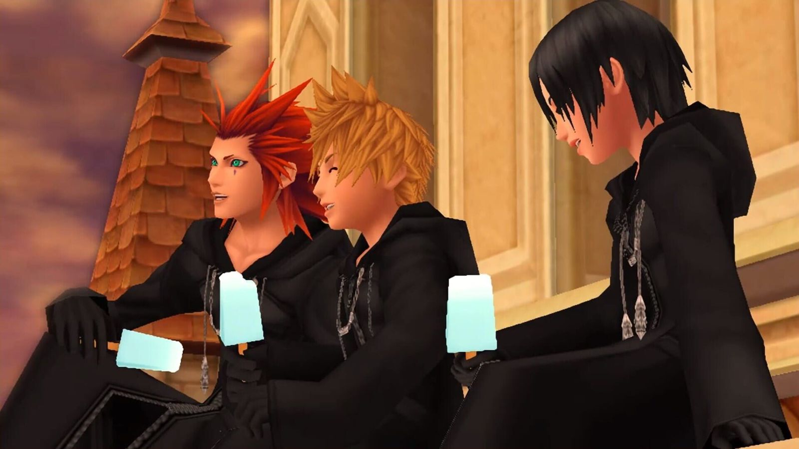 Three characters in black hooded coats sit side by side on a sunlit clock tower ledge