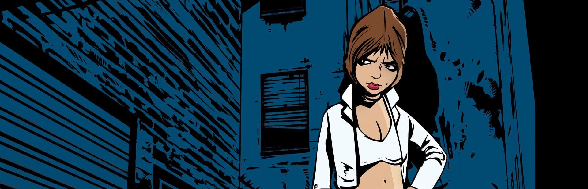 Comic-style GTA III artwork of a woman in a white jacket standing in a dark blue city alley