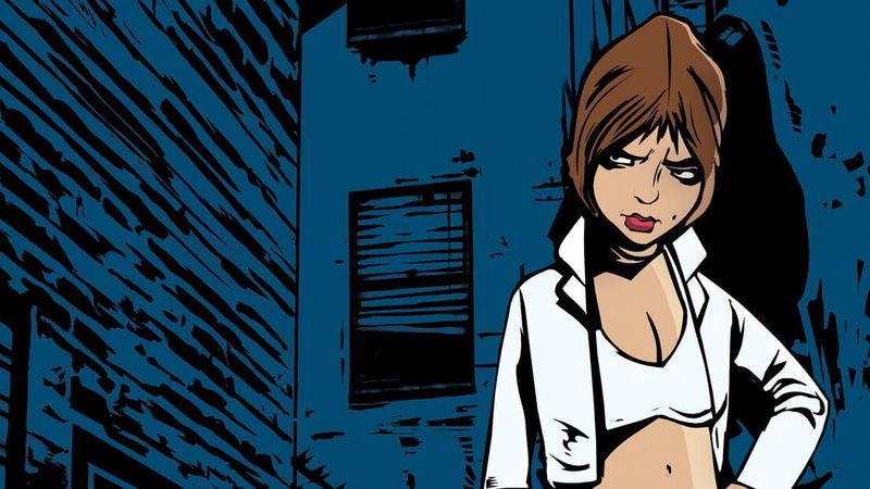 Comic-style GTA III artwork of a woman in a white jacket standing in a dark blue city alley