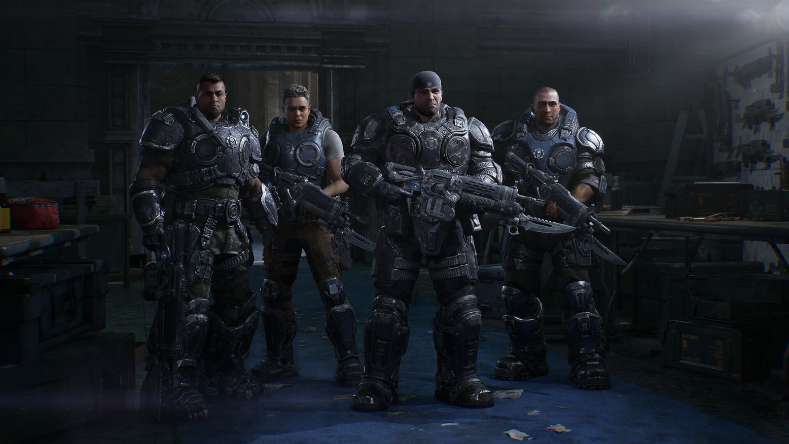 Four armoured COG soldiers stand side by side holding rifles in a dim armoury