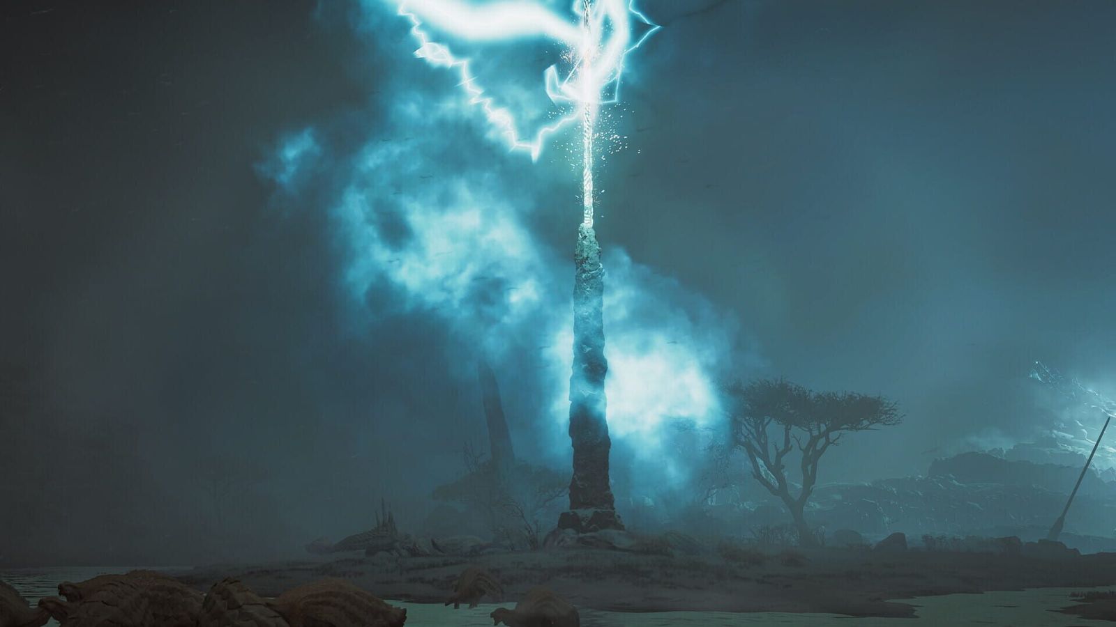 Lightning striking a rock spire during a storm in Monster Hunter Wilds