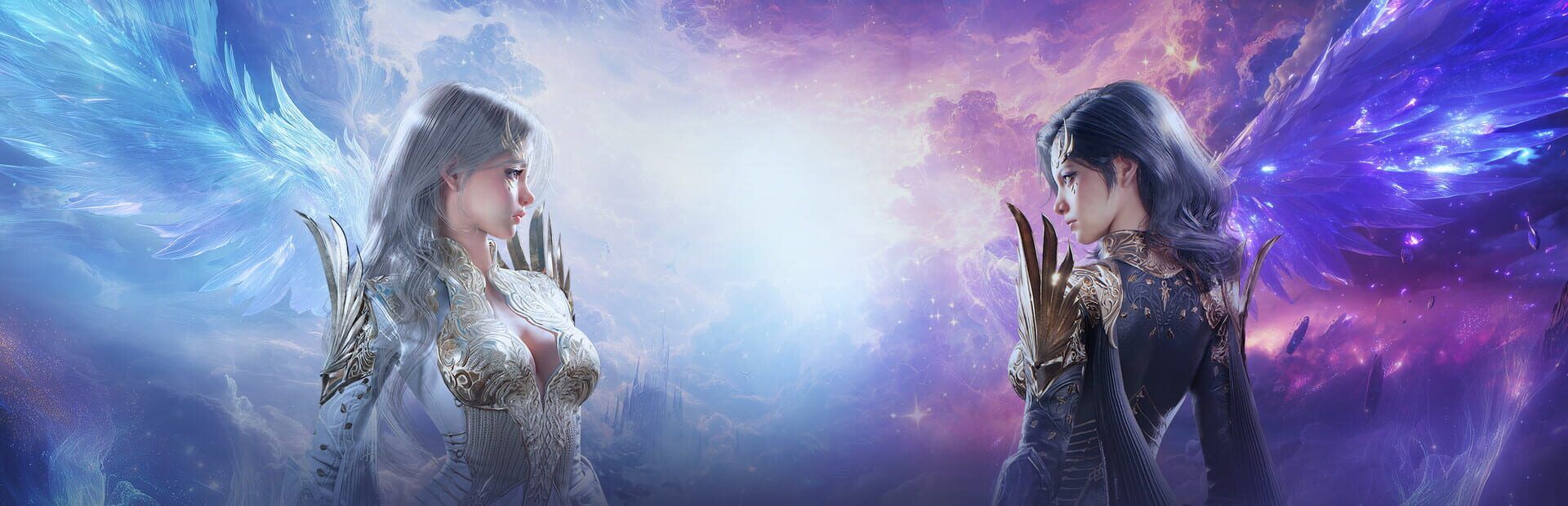 AION 2 key art showing two armoured Daeva characters facing each other against a purple sky