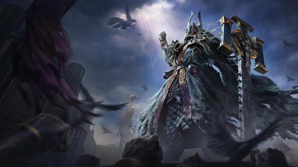 Path of Exile 2 artwork of a giant armoured figure raising a fist beside a huge stone hammer under a stormy sky full of crows