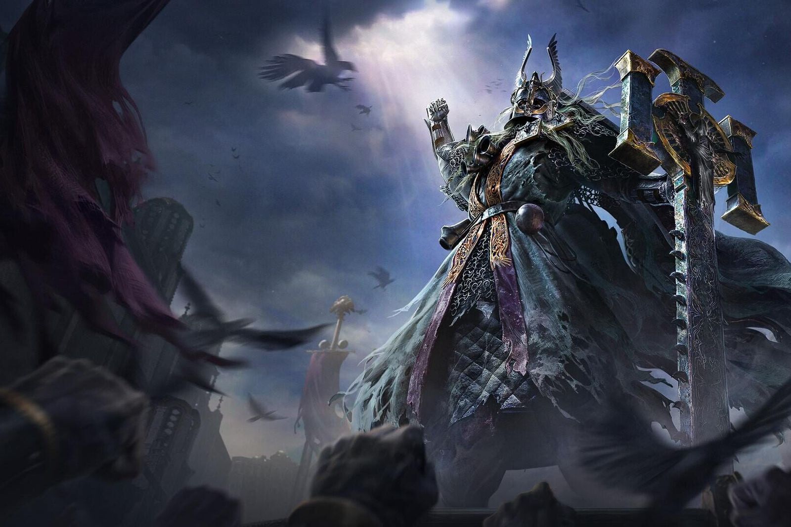 Path of Exile 2 artwork of a giant armoured figure raising a fist beside a huge stone hammer under a stormy sky full of crows
