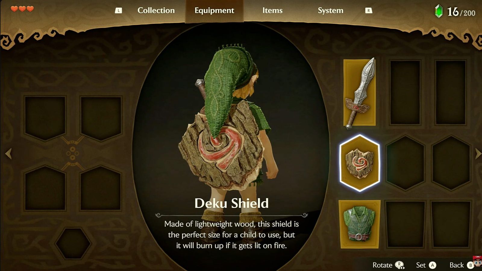 The equipment menu in the Switch 2 Ocarina of Time remake, showing young Link from behind with the Deku Shield selected
