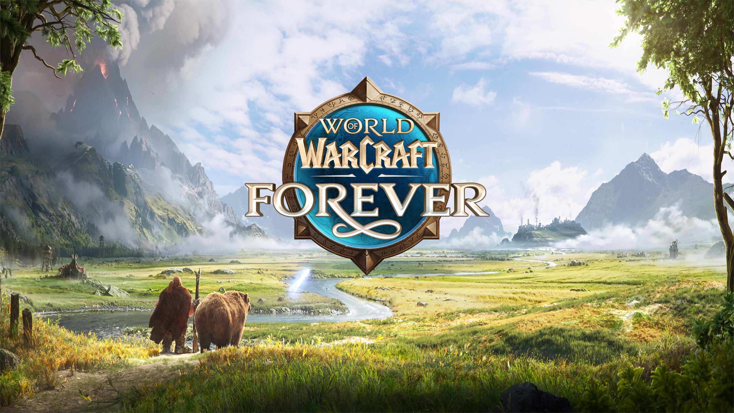 A dwarf and a bear look across a green valley towards distant mountains, with the World of Warcraft: Forever logo in the sky