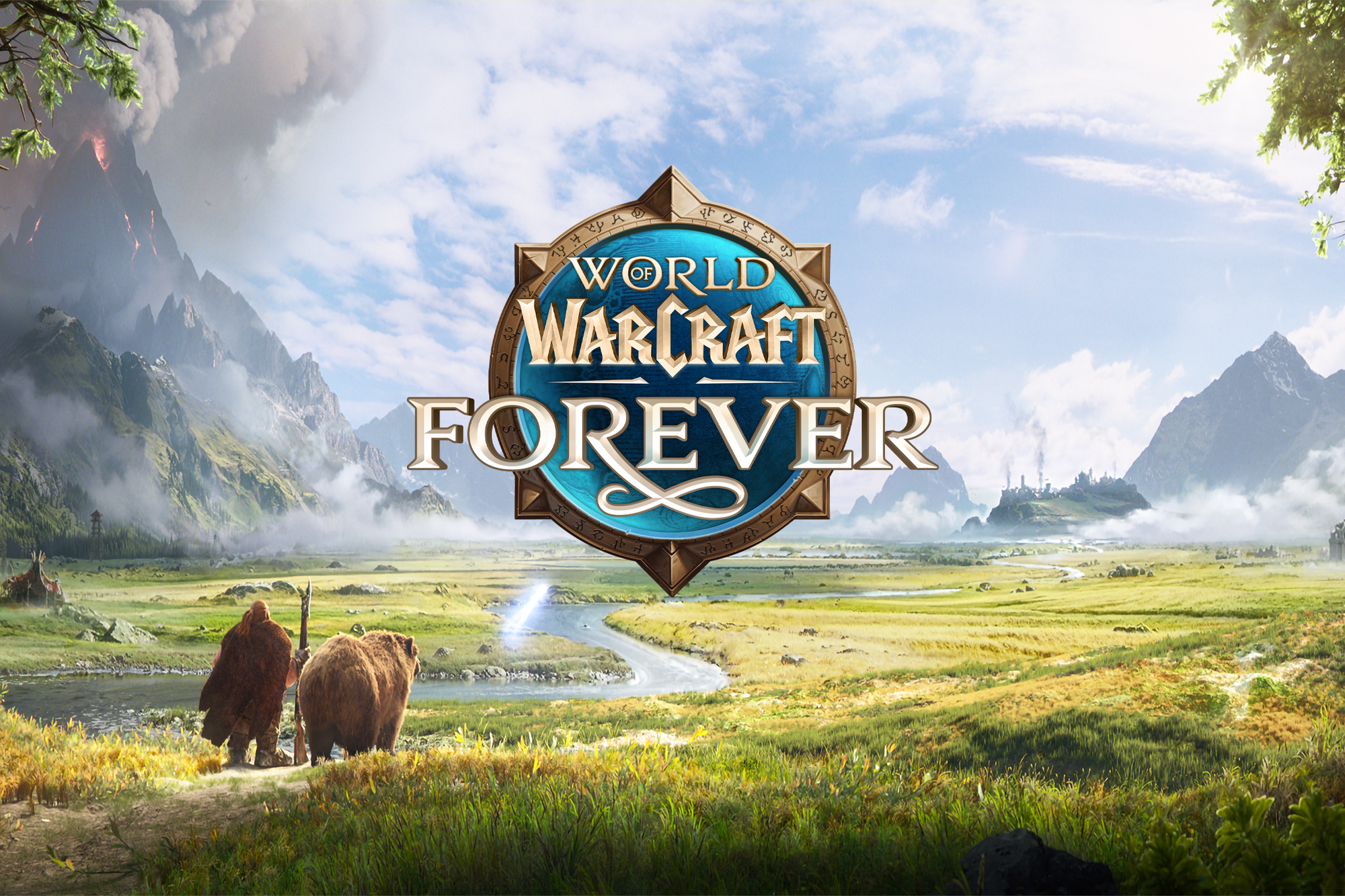 A dwarf and a bear look across a green valley towards distant mountains, with the World of Warcraft: Forever logo in the sky