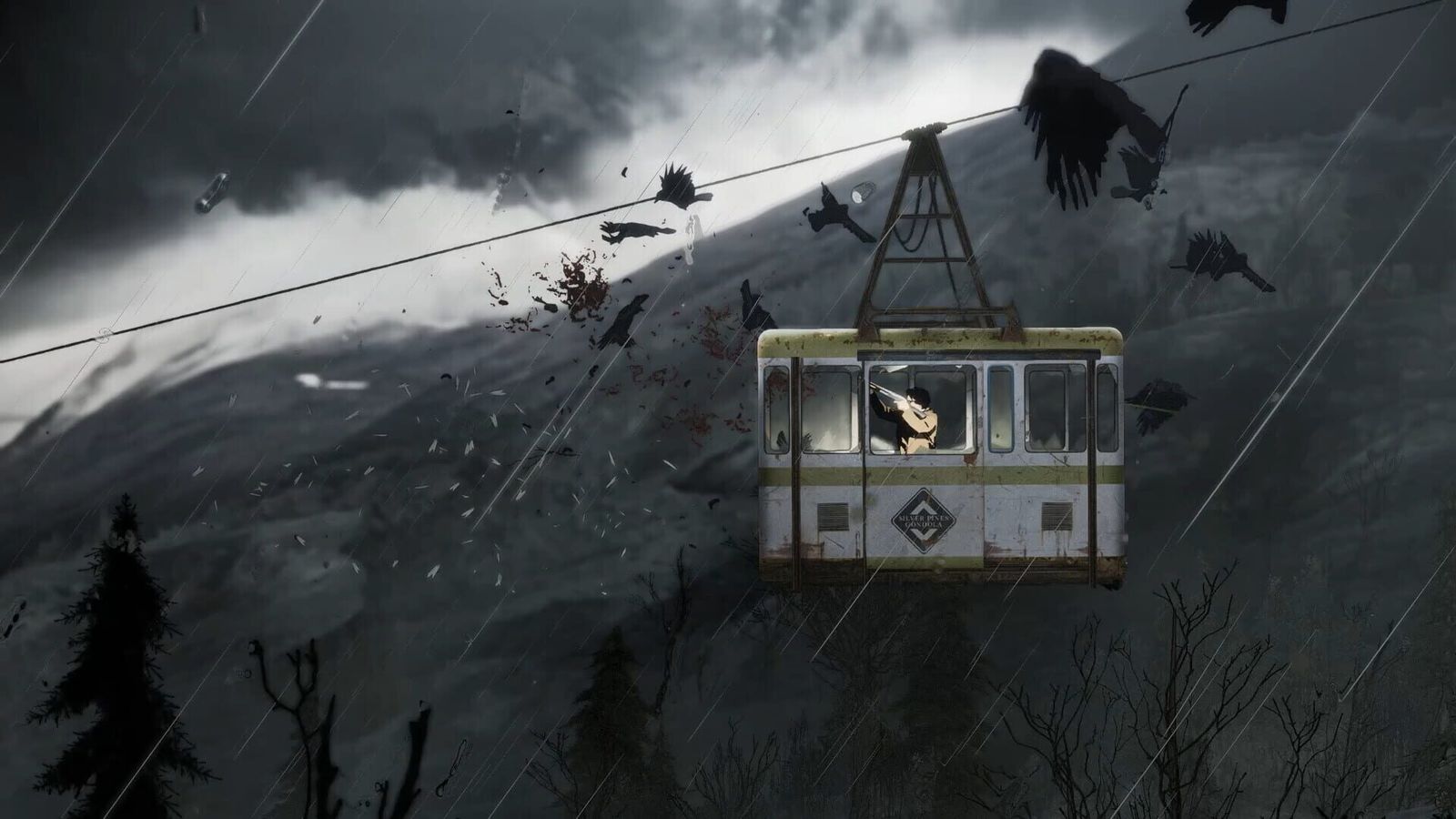 A battered cable car hangs over a grey mountainside as crows scatter in the rain