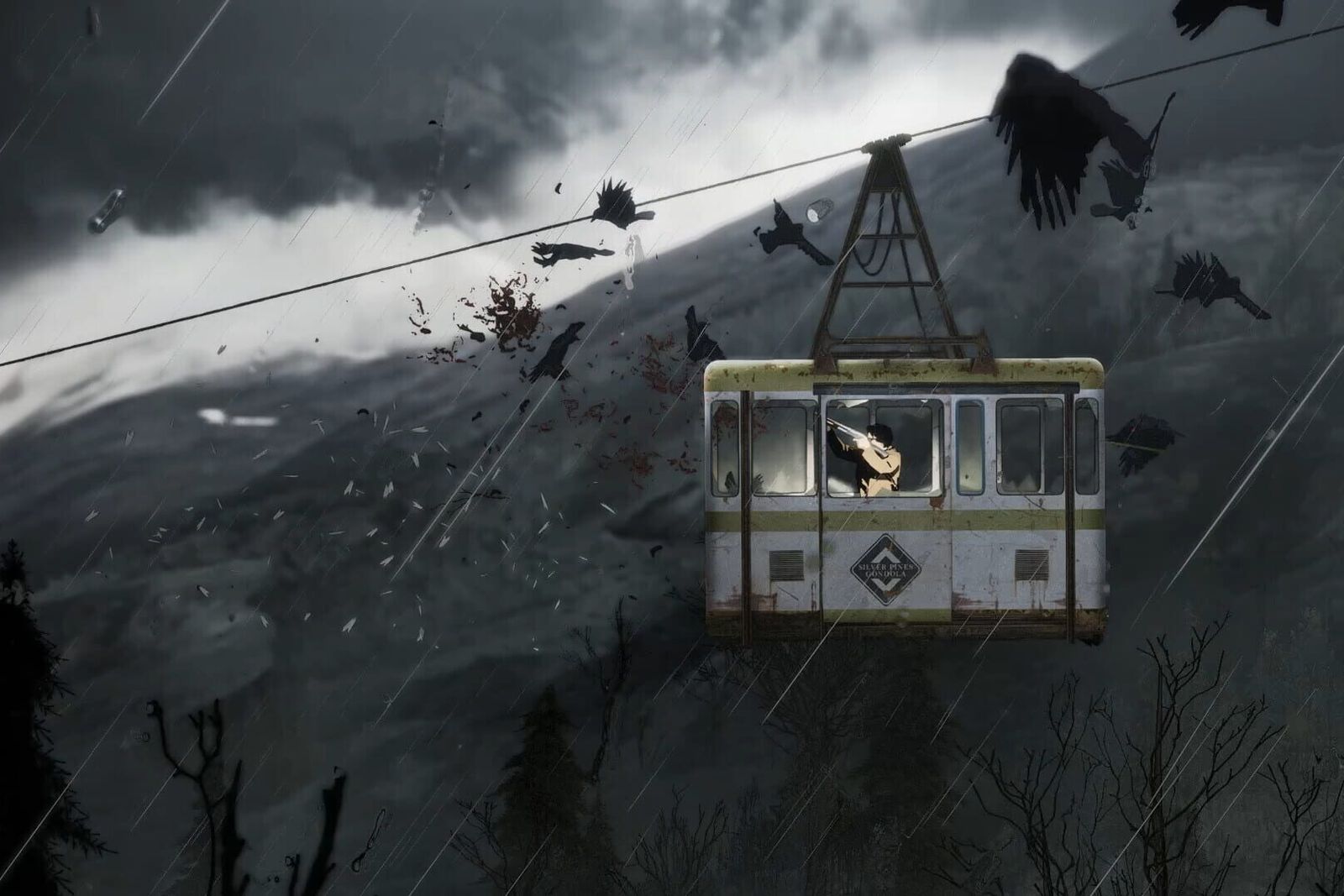 A battered cable car hangs over a grey mountainside as crows scatter in the rain