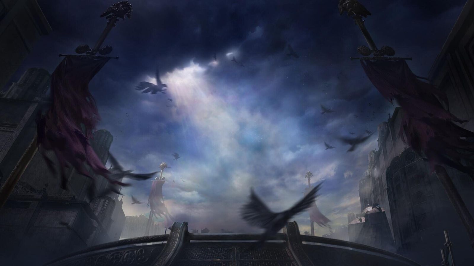 Path of Exile 2 artwork of a stormy sky over a ruined stone bridge, with crows circling and torn banners hanging from towers