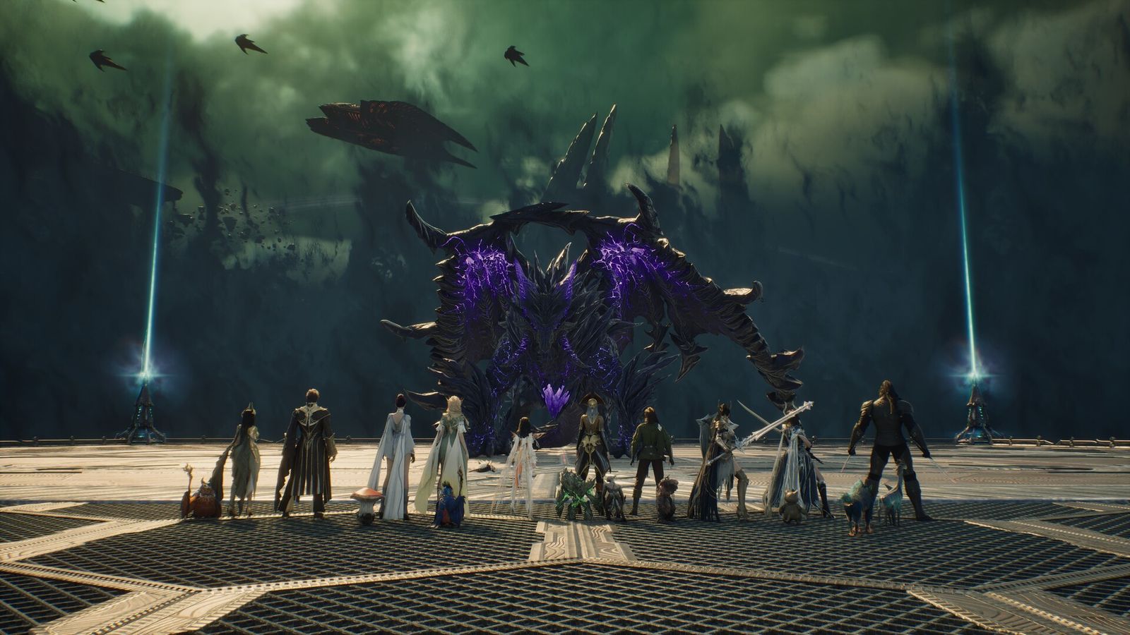 A group of AION 2 characters standing on a metal platform facing a giant purple-spiked creature