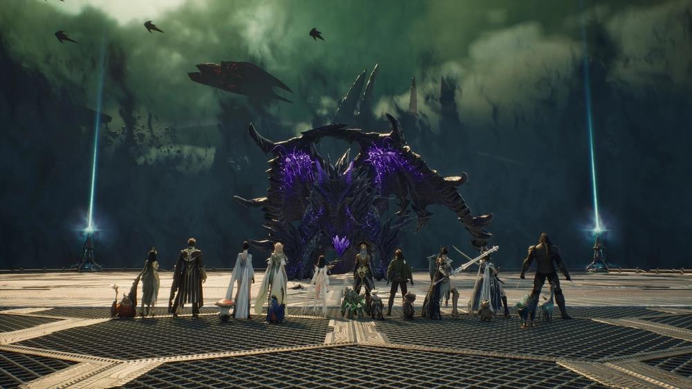 A group of AION 2 characters standing on a metal platform facing a giant purple-spiked creature