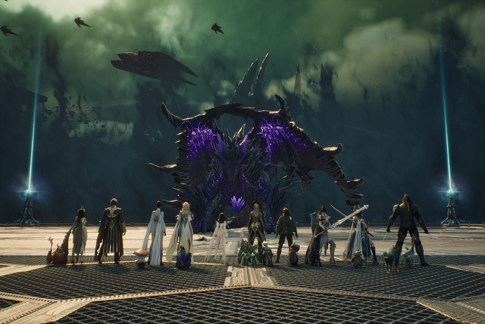 A group of AION 2 characters standing on a metal platform facing a giant purple-spiked creature
