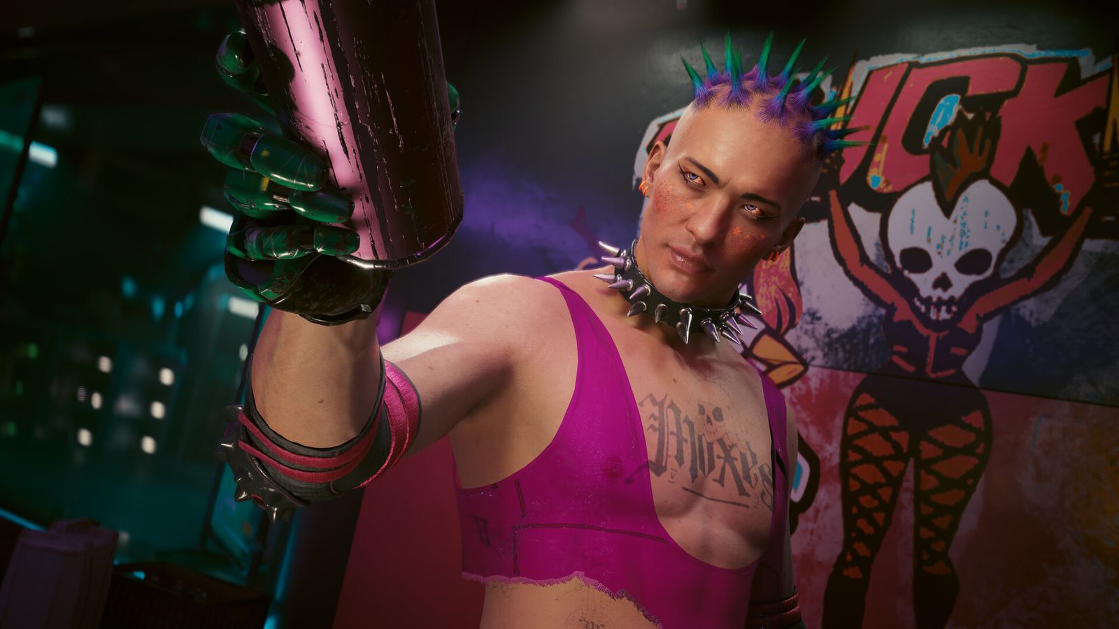 A punk with a spiked mohawk raising a green cybernetic arm in front of a graffiti wall in Cyberpunk 2077