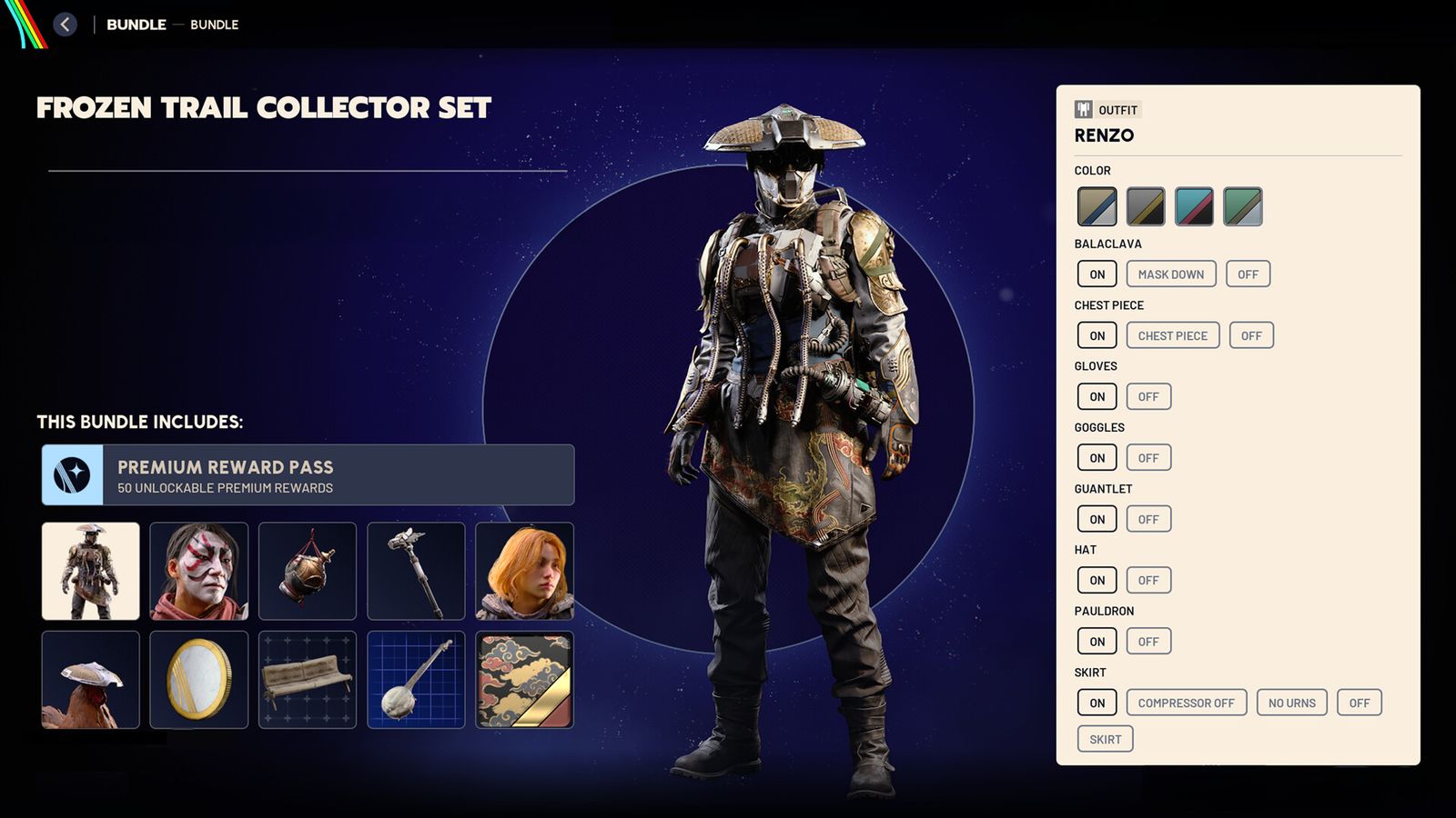 ARC Raiders in-game bundle screen for the Frozen Trail Collector Set showing the Renzo outfit and the Premium Reward Pass entry