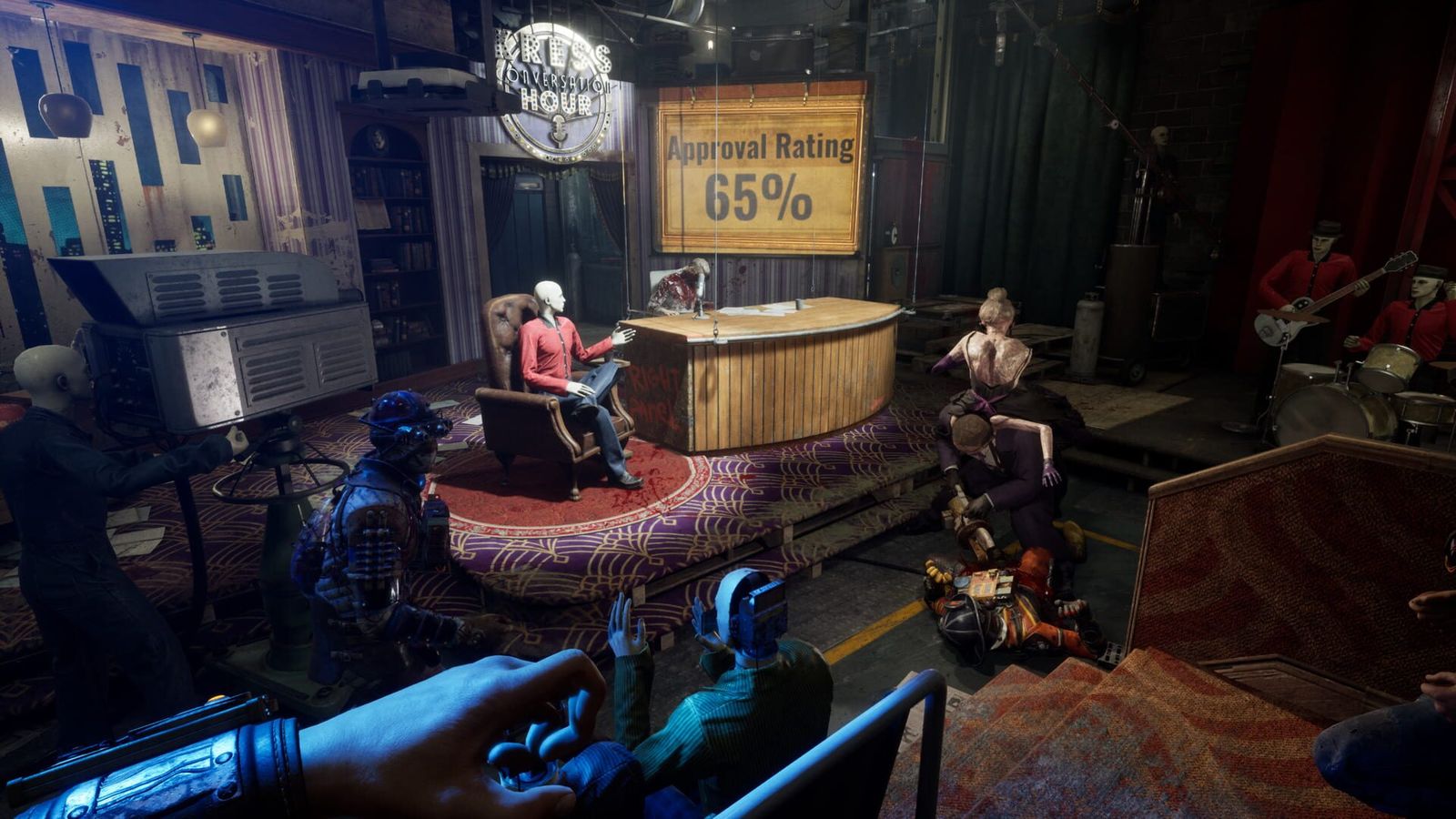 A darkened TV studio set with a host's desk and an Approval Rating sign in The Outlast Trials