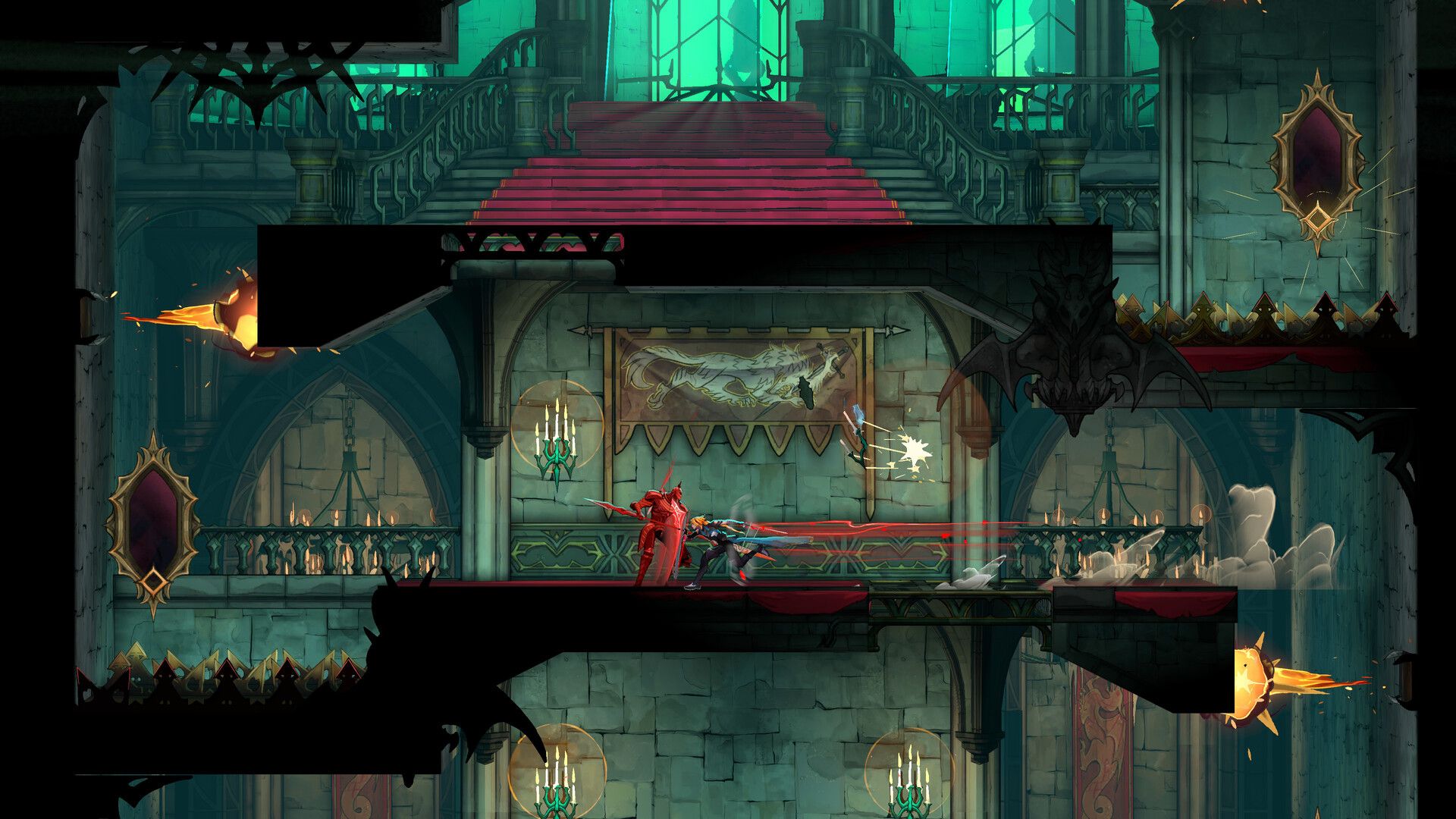 Rose Belmont fighting a red-robed enemy in a gothic hall lit by green stained glass in Castlevania: Belmont's Curse