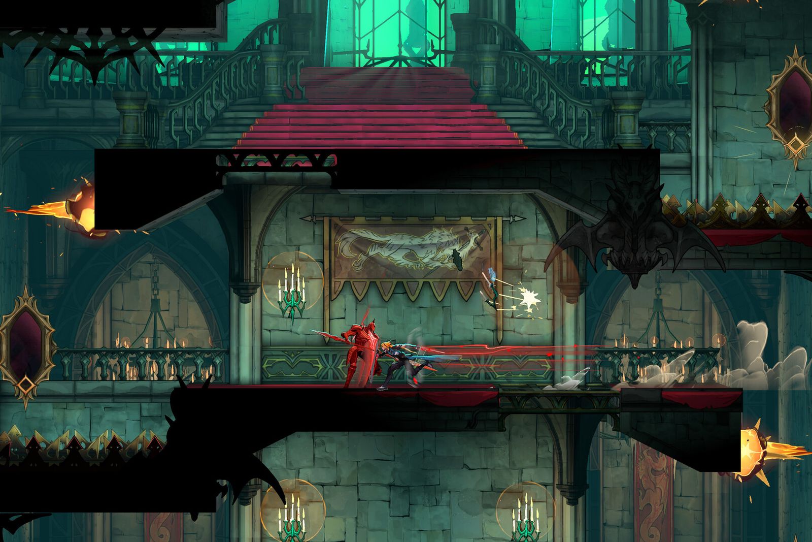 Rose Belmont fighting a red-robed enemy in a gothic hall lit by green stained glass in Castlevania: Belmont's Curse