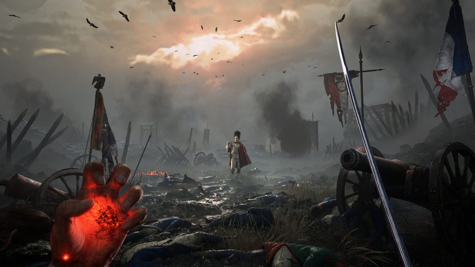 First-person view of a glowing red hand and a sabre on a misty battlefield strewn with bodies, cannons and tricolour flags