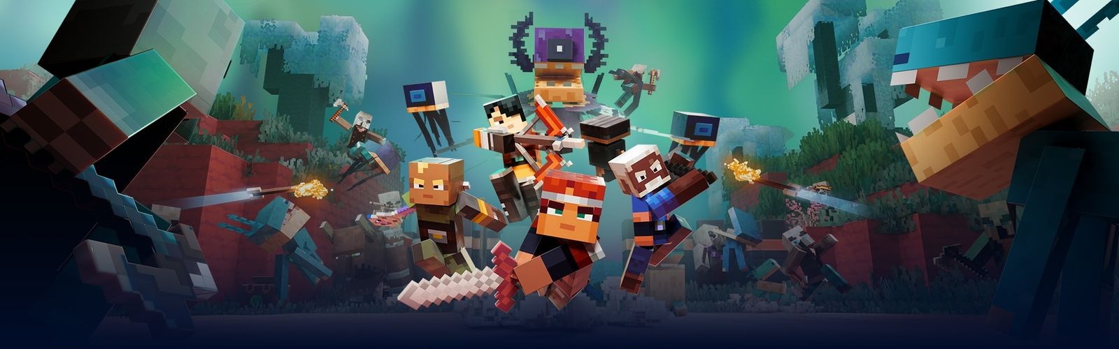 Minecraft Dungeons II key art: blocky heroes with swords and crossbows leaping into battle against mobs