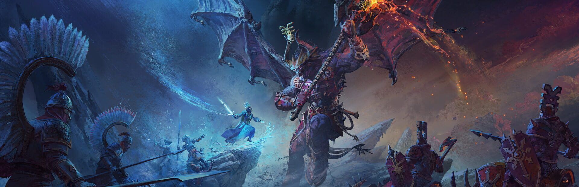 Kislev soldiers and a sorceress face a winged Khorne daemon on a frozen battlefield