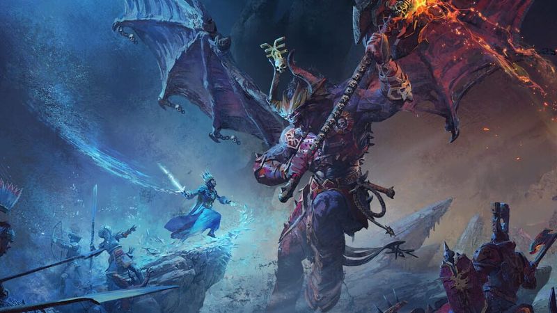 Kislev soldiers and a sorceress face a winged Khorne daemon on a frozen battlefield