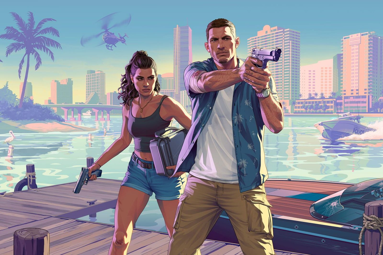 Illustrated artwork of Jason and Lucia on a wooden dock with guns drawn, a speedboat and the Vice City skyline behind them