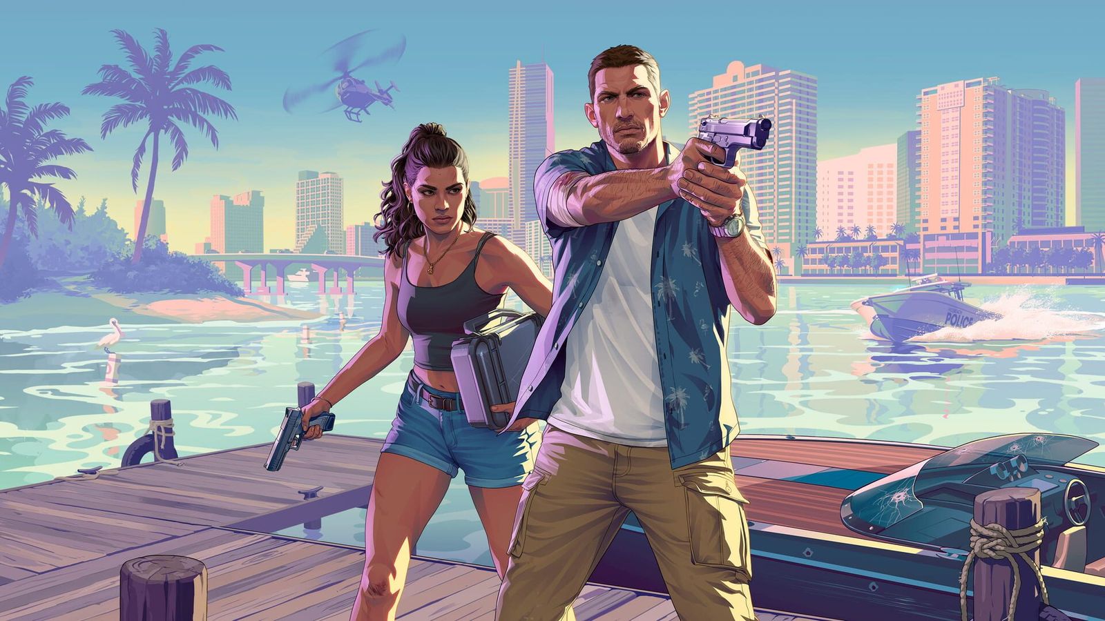 Illustrated artwork of Jason and Lucia on a wooden dock with guns drawn, a speedboat and the Vice City skyline behind them